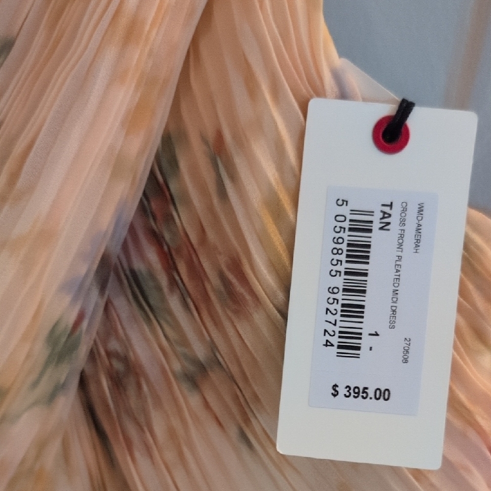 Wander Cream Floral Pleated Midi Dress with Pink and Green Accents - Picture 2 of 7